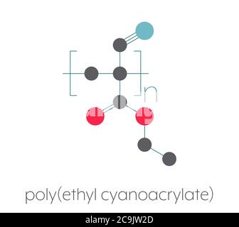 Polimero di poli(etilcianoacrilato), struttura chimica. Forma polimerizzata (set) di colla istantanea di cianoacrilato di etile. Formula scheletrica stilizzata: Atomi ar Foto Stock