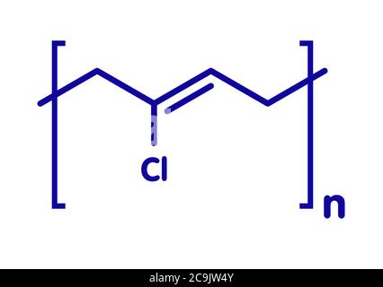 Gomma sintetica in neoprene (policloroprene), struttura chimica. Formula scheletrica blu su sfondo bianco. Foto Stock