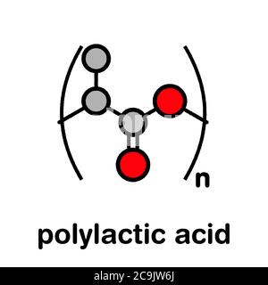 Acido polilattico (PLA, polilattide) struttura bioplastica, chimica. Formula scheletrica stilizzata: Gli atomi sono mostrati come cerchi codificati a colori con nero spesso Foto Stock