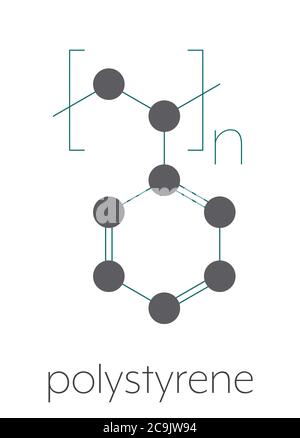 Plastica in polistirene (PS), struttura chimica. Formula scheletrica stilizzata: Gli atomi sono mostrati come cerchi codificati a colori collegati da legami sottili, su una ba bianca Foto Stock