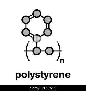 Plastica in polistirene (PS), struttura chimica. Formula scheletrica stilizzata: Gli atomi sono mostrati come cerchi codificati a colori con contorni e legami neri spessi: H Foto Stock