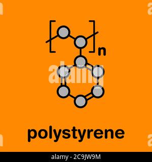 Plastica in polistirene (PS), struttura chimica. Formula scheletrica stilizzata: Gli atomi sono mostrati come cerchi codificati a colori con contorni e legami neri spessi: H Foto Stock