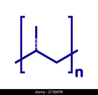 Polipropilene (polipropilene, PP) plastica, struttura chimica. Formula scheletrica blu su sfondo bianco. Foto Stock