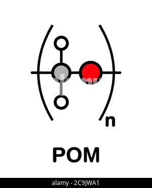 Polimero plastico poliossimetilene (POM, acetale, poliformaldeide), struttura chimica. Formula scheletrica stilizzata: Gli atomi vengono visualizzati come un cerchio con codice colore Foto Stock