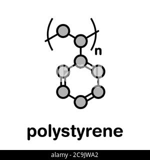 Plastica in polistirene (PS), struttura chimica. Formula scheletrica stilizzata: Gli atomi sono mostrati come cerchi codificati a colori con contorni e legami neri spessi: H Foto Stock