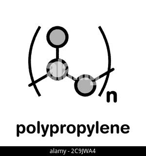 Polipropilene (polipropilene, PP) plastica, struttura chimica. Formula scheletrica stilizzata: Gli atomi sono mostrati come cerchi codificati a colori con spessa fuorilegge nera Foto Stock