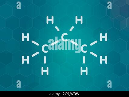 Molecola di idrocarburo propano. Alcano usato come combustibile in stufe portatili, soffietti a gas, automobili, ecc. formula scheletrica bianca su backgro gradiente teal scuro Foto Stock