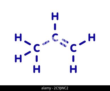 Molecola di propene (propilene). Materiale per blocchi da costruzione in polipropilene (PP, poliprene). Formula scheletrica blu su sfondo bianco. Foto Stock