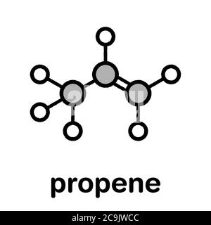 Molecola di propene (propilene). Materiale per blocchi da costruzione in polipropilene (PP, poliprene). Formula scheletrica stilizzata (struttura chimica). Gli atomi sono mostrati a. Foto Stock