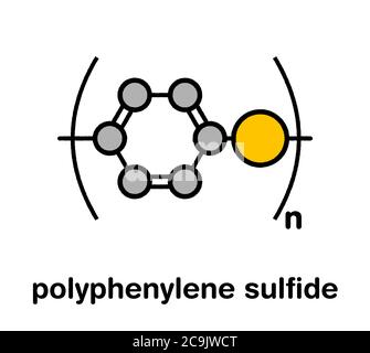 Polimero di polifenilene solfuro (PPS), struttura chimica. Plastica tecnica comunemente utilizzata. Formula scheletrica stilizzata: Gli atomi sono indicati con codice colore Foto Stock