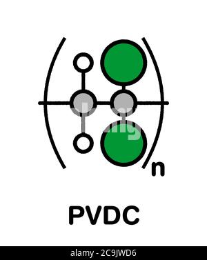 Polimero di cloruro di polivinilidene (PVDC), struttura chimica. Formula scheletrica stilizzata: Gli atomi sono mostrati come cerchi codificati a colori con un profilo nero spesso Foto Stock