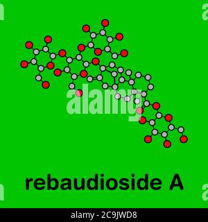 Rebaudioside UNA molecola. Uno dei principali glicosidi dello steviolo presenti nelle piante di stevia, utilizzato come dolcificante. Formula scheletrica stilizzata (struttura chimica). Foto Stock