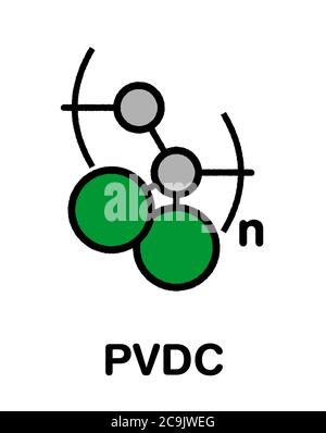 Polimero di cloruro di polivinilidene (PVDC), struttura chimica. Formula scheletrica stilizzata: Gli atomi sono mostrati come cerchi codificati a colori con un profilo nero spesso Foto Stock