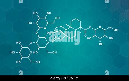 Rebaudioside UNA molecola. Uno dei principali glicosidi dello steviolo presenti nelle piante di stevia, utilizzato come dolcificante. Formula scheletrica bianca su gradiente teale scuro ba Foto Stock