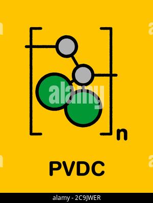 Polimero di cloruro di polivinilidene (PVDC), struttura chimica. Formula scheletrica stilizzata: Gli atomi sono mostrati come cerchi codificati a colori con un profilo nero spesso Foto Stock