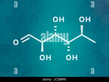 Rhamnose (L-rhamnose) molecola di zucchero deossi. Usato in cosmetici per trattare le rughe. Formula scheletrica bianca su sfondo scuro del gradiente teale con esagona Foto Stock