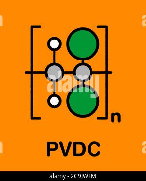 Polimero di cloruro di polivinilidene (PVDC), struttura chimica. Formula scheletrica stilizzata: Gli atomi sono mostrati come cerchi codificati a colori con un profilo nero spesso Foto Stock