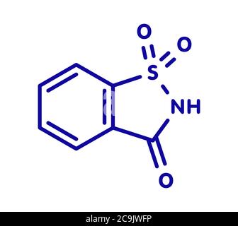 Saccharina molecola dolcificante artificiale. Formula scheletrica blu su sfondo bianco. Foto Stock