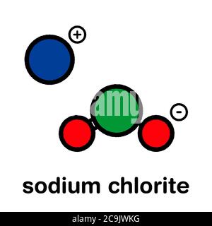 Clorito di sodio, struttura chimica. Formula scheletrica stilizzata (struttura chimica): Gli atomi sono mostrati come cerchi codificati a colori con contorni neri spessi Foto Stock