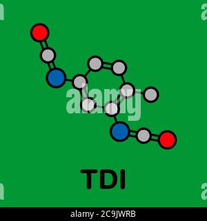 Toluene diisocianato (TDI, 2,4-TDI) molecola di blocco di costruzione poliuretanica. Può essere cancerogeno. Formula scheletrica stilizzata (struttura chimica). Atomi a Foto Stock