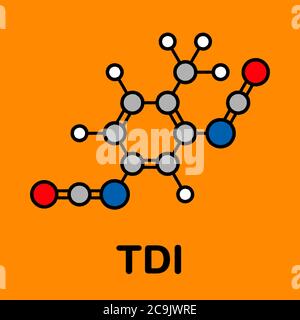 Toluene diisocianato (TDI, 2,4-TDI) molecola di blocco di costruzione poliuretanica. Può essere cancerogeno. Formula scheletrica stilizzata (struttura chimica). Atomi a Foto Stock