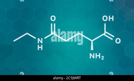 Molecola di erboristeria di teanina. Costituente del tè preparato da Camellia sinensis. Anche preso come supplemento nutrizionale. Formula scheletrica bianca su tè scuro Foto Stock