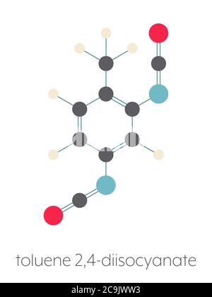 Toluene diisocianato (TDI, 2,4-TDI) molecola di blocco di costruzione poliuretanica. Può essere cancerogeno. Formula scheletrica stilizzata (struttura chimica). Atomi a Foto Stock