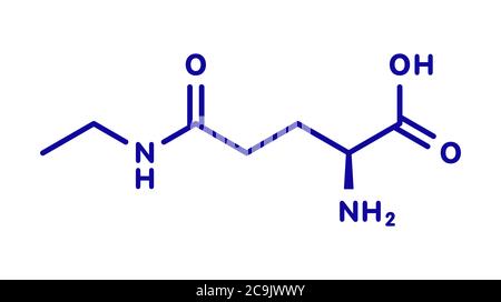 Molecola di erboristeria di teanina. Costituente del tè preparato da Camellia sinensis. Anche preso come supplemento nutrizionale. Formula scheletrica blu su bac bianco Foto Stock