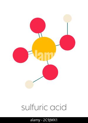 Acido solforico (H2SO4) acido minerale forte molecola. Gli atomi sono  rappresentati come sfere con i tradizionali colori: idrogeno (bianco),  Ossigeno (rosso), s Foto stock - Alamy