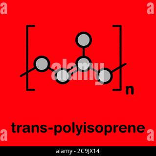 Polimero trans-1,4-poliisoprene, struttura chimica. Componente principale di gutta-percha. Formula scheletrica stilizzata: Gli atomi sono mostrati come cerchi codificati a colori Foto Stock