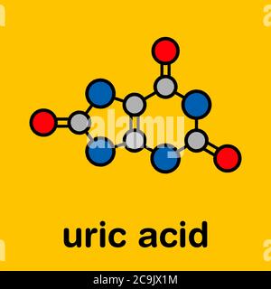 Molecola di acido urico. Alti livelli di sangue portano a gotta malattia. Formula scheletrica stilizzata (struttura chimica). Gli atomi vengono visualizzati come cerchi codificati a colori Foto Stock