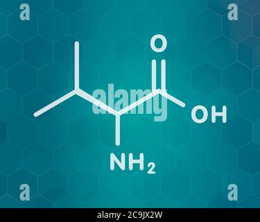 Molecola aminoacidica valina (l-valina, Val, V). Formula scheletrica bianca su sfondo scuro del gradiente teale con pattern esagonale. Foto Stock