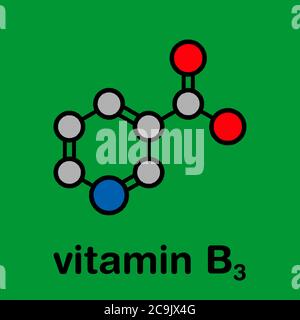 Molecola di vitamina B3 (niacina). Formula scheletrica stilizzata (struttura chimica). Gli atomi vengono visualizzati come cerchi codificati a colori con contorni neri spessi e bon Foto Stock