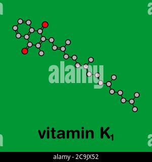 Molecola di vitamina K (K1, fillochinone, fitomenadione). Formula scheletrica stilizzata (struttura chimica). Gli atomi sono mostrati come cerchi codificati a colori con Th Foto Stock