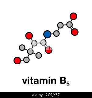 Molecola di vitamina B5 (acido pantotenico, pantotenato). Formula scheletrica stilizzata (struttura chimica). Gli atomi sono mostrati come cerchi codificati con colori con il thic Foto Stock