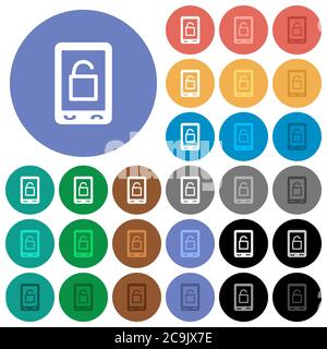 Smartphone sbloccare icone piatte multicolore su sfondi rotondi. Incluse variazioni delle icone bianche, chiare e scure per gli effetti di stato attivo e del passaggio del mouse, A. Illustrazione Vettoriale