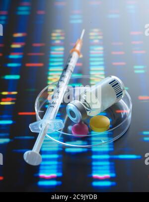 Medicina genetica, immagine concettuale. I medicinali genetici sono progettati per un individuo che utilizza le informazioni genetiche. Foto Stock
