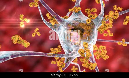 Anticorpi che attaccano i neuroni. Illustrazione concettuale al computer delle malattie neurologiche autoimmuni. Foto Stock