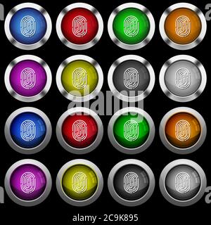 Impronte digitali icone bianche in pulsanti rotondi lucidi con cornici in acciaio su sfondo nero. I pulsanti sono disponibili in due stili diversi e in otto colori. Illustrazione Vettoriale