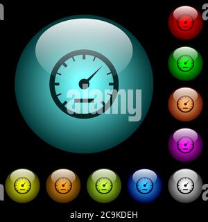 Icone del tachimetro di colore pulsanti in vetro sferico illuminati su sfondo nero. Può essere utilizzato per modelli neri o scuri Illustrazione Vettoriale