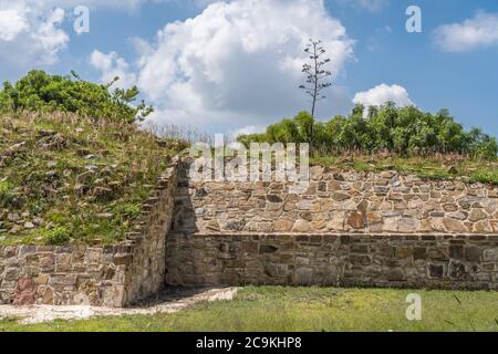 Un'agave fiore spike sull'edificio 3 in Plaza A nelle rovine della città di Zapotec di Atzompa, vicino a Oaxaca, Messico. Foto Stock