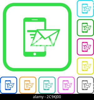 Invio di e-mail dal telefono cellulare icone piatte dai colori vivaci con bordi curvi su sfondo bianco Illustrazione Vettoriale