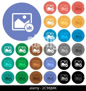 Icone piatte multicolore dell'istogramma immagine su sfondi rotondi. Incluse variazioni delle icone bianche, chiare e scure per gli effetti di stato attivo e del passaggio del mouse, e. Illustrazione Vettoriale