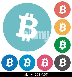 Bitcoin icone bianche piatte criptovalute digitali su sfondi rotondi di colore Illustrazione Vettoriale