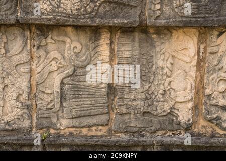 La piattaforma dei teschi o i Tzompantli fu usata per mostrare i teschi dei nemici caduti e delle vittime sacrificali nelle rovine del grande Maya Foto Stock