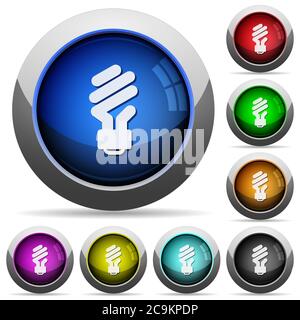 Icone di lampadine fluorescenti a risparmio energetico in pulsanti rotondi lucidi con telai in acciaio Illustrazione Vettoriale