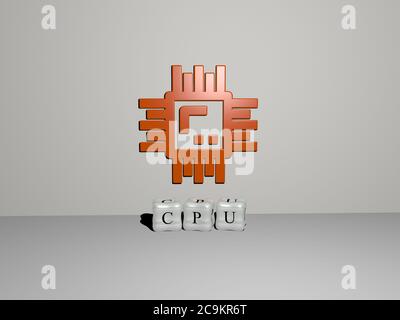 Rappresentazione 3D della cpu con icona sulla parete e testo disposto da lettere cubiche metalliche su un pavimento a specchio per il significato concettuale e presentazione slideshow. Computer e illustrazione Foto Stock