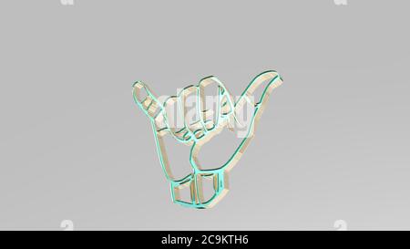 Gesto della mano realizzato mediante illustrazione 3D di una scultura metallica lucida su una parete con sfondo chiaro. Disegnato e disegnato Foto Stock