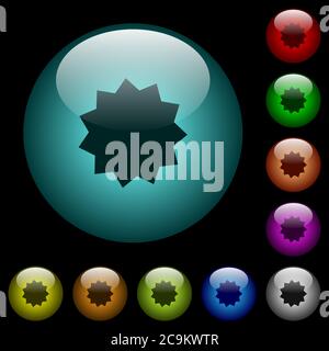 Icone di adesivi con certificato in bottoni sferici di vetro illuminati a colori su sfondo nero. Può essere utilizzato per modelli neri o scuri Illustrazione Vettoriale