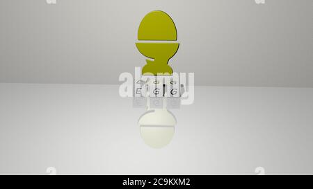 Rappresentazione in 3D DELL'UOVO con icona sulla parete e testo disposto da lettere cubiche metalliche su un pavimento a specchio per il significato concettuale e presentazione slideshow. Sfondo e pasqua Foto Stock